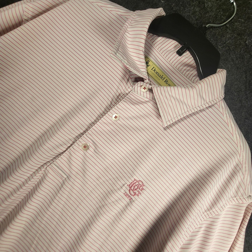 Donald Ross Sportswear Mens Large Polo Shirt Pink White Striped Golf Performance